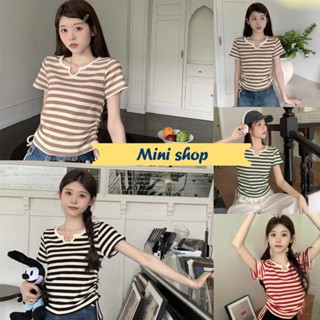 Mini shop🌸พร้อมส่ง🌸 (M0127-1) เสื้อแขนสั้น ไหมพรม เว้าวีตรงคอ มี4สี -C