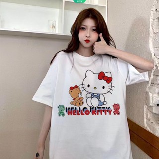 เสื้อยืดแขนสั้นลําลอง ทรงหลวม ลายการ์ตูน Hello Kitty แฟชั่นคู่รัก สําหรับเด็กผู้ชาย และเด็กผู้หญิง 2023