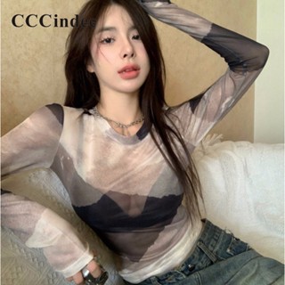 Cccindee ใหม่ เสื้อยืดซีทรูลําลอง เข้ารูป ผ้าตาข่าย สีตัดกัน แฟชั่นสําหรับสตรี 2023