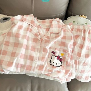 Sanrio ชุดนอน เสื้อแขนสั้น กางเกงขาสั้น ทรงหลวม ลาย Hello Kitty เหมาะกับฤดูร้อน สําหรับผู้หญิง [GM]