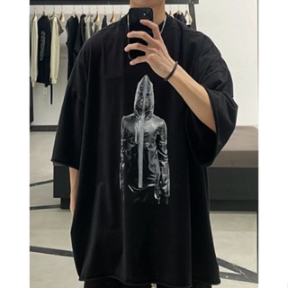 R RICK OWENS เสื้อยืดแขนสั้น ทรงหลวม พิมพ์ลายฉลาม RO แนวสตรีท พลัสไซซ์