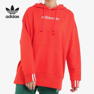 Adidas ของแท้ 100% เสื้อกันหนาว มีฮู้ด ผ้าฝ้ายถัก ปักลายโลโก้ใบโคลเวอร์ สไตล์คลาสสิก สําหรับผู้หญิง DU7183