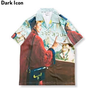 เสื้อเชิ้ตแขนสั้น คอปก พิมพ์ลาย Dark Icon แฟชั่นฤดูร้อน สไตล์สตรีท สําหรับผู้ชาย