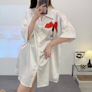 ชุดนอนเสื้อเชิ้ตเซ็กซี่ ผ้าชีฟอง คอวี ประดับโบว์ แต่งลูกไม้ แฟชั่นฤดูร้อน สําหรับสตรี