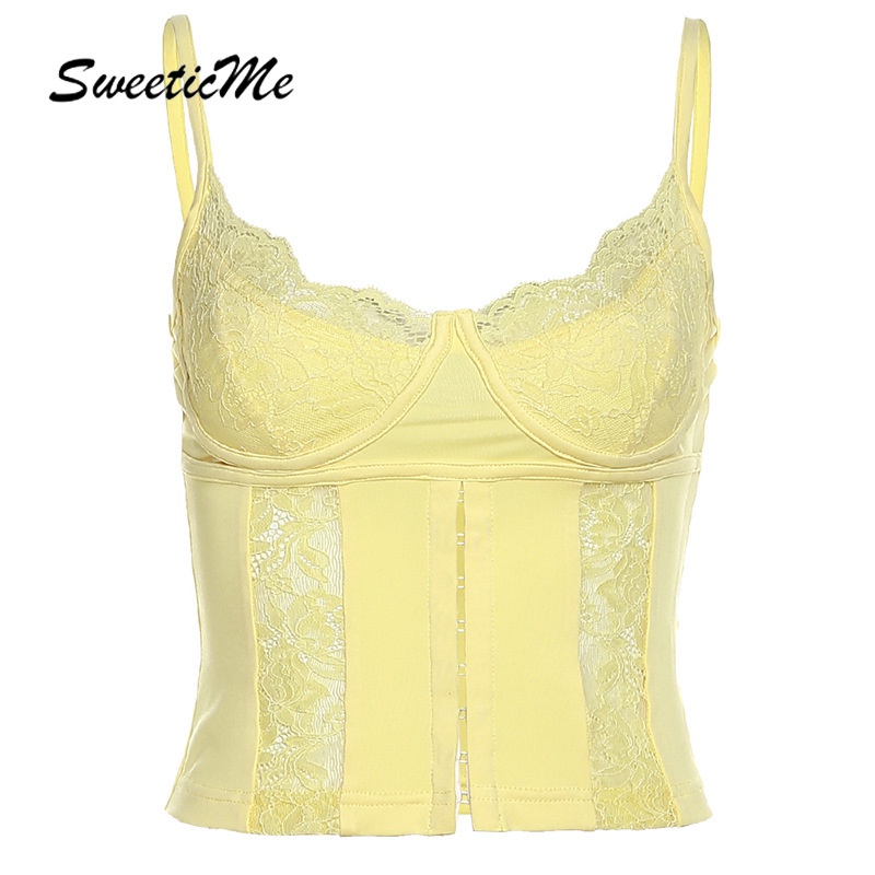 SweeticMe แฟชั่นใหม่ของผู้หญิงสีทึบตัดต่ําลูกไม้เปลือยสลิมฟิตเซ็กซี่เสื้อกล้ามสายเดี่ยว