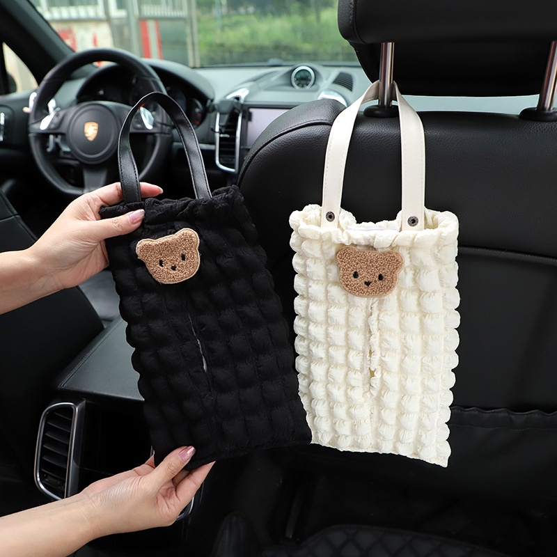 New Car Tissue Box Elegant Puff Grid Car Seat Hanging Tissue Box Cartoon Bear Car Tissue Dispenser Car storage Car tissue car interior accessoriesb