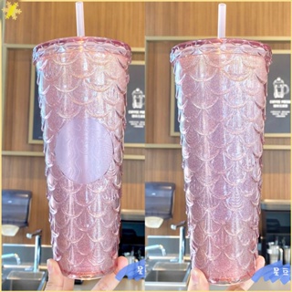 [LBE] New Aurora Starbucks Fish Scale Cup Reusable Double Layer Pct Tumbler Diamond Glitter Water Bottle 710ml