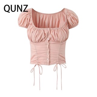 Qunz เสื้อเชิ้ต แบบผูกเชือก สีชมพู แฟชั่น 7069