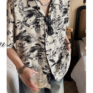 BAOLONGXIN เสื้อหมึกซึมชายทะเลหน้าร้อนนักเลงเสื้อแขนสั้นลายดอกไทยหล่อ