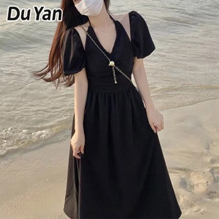 Du Yan ใหม่ ชุดเดรสกระโปรงยาว คอวี เปิดหลัง สีพื้น สไตล์ฝรั่งเศส เรโทร แฟชั่นฤดูร้อน สําหรับสตรี