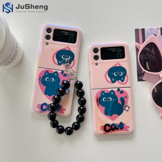 Jusheng เคสโทรศัพท์มือถือ ลายแมวดํา พร้อมสายโซ่คล้อง สําหรับ Samsung Z Flip4 Z Flip3