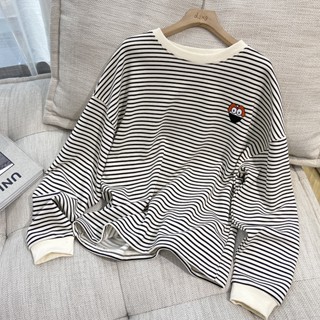 8148# thin sweatshirt Womens Round Neck Striped Embroidered Long Sleeve Top Loose Casual Long Sleeve T-shirt