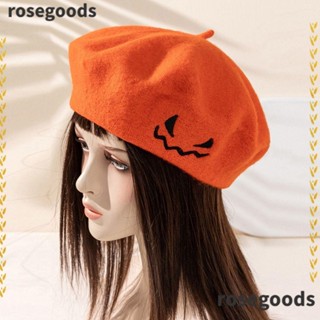 Rosegoods1 หมวกเบเร่ต์ ผ้าวูล ปักลายฟักทองฮาโลวีน สีพื้น ให้ความอบอุ่น เหมาะกับฤดูใบไม้ร่วง