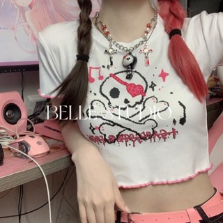 BELLE STUDIO เสื้อยืด ลมสีดำการ์ตูนพิมพ์คอกลมสั้นด้านบนผู้หญิง BEL228