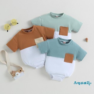 Aqq- ชุดรอมเปอร์ บอดี้สูท จั๊มสูท คอกลม แขนสั้น มีกระเป๋า สีตัดกัน สไตล์ฤดูร้อน สําหรับเด็กทารกผู้ชาย