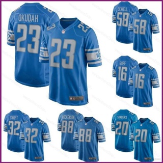 เสื้อกีฬาแขนสั้น ลายทีมชาติฟุตบอล NP2 Detroit Lion NFL Okudah Sewell Sanders Swift Goff Hockenson Legend Jersey ทรงหลวม สําหรับผู้ชาย และผู้หญิง