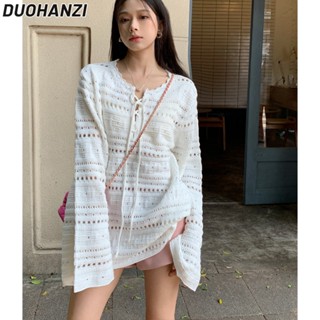 Duohanzi เสื้อกันหนาวแขนยาว ผ้าถัก ฉลุลาย ทรงหลวม บาง