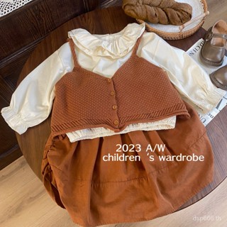 Korean style childrens clothing 2023 Autumn New Western style girls suit childrens shirt camisole overskirt three-piece set trendy O8WX