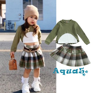 Aqq- ชุดเสื้อยืดคอกลม แขนยาว กระโปรงทรงเอ ลายสก๊อต สีเขียว สําหรับเด็กผู้หญิง 2 ชิ้น