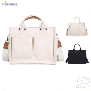 Ssunshine กระเป๋าถือ กระเป๋านักเรียน ผ้าแคนวาส ทรงโท้ท มีหลายช่อง สีพื้น สําหรับผู้หญิง