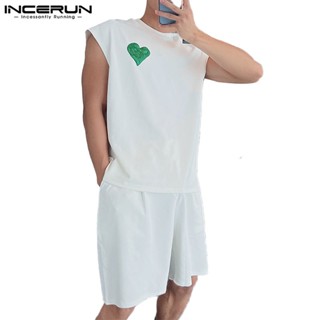 Incerun Love camisole เสื้อกั๊กกีฬา ลําลอง หลวม + กางเกงขาสั้น ชุดลําลอง