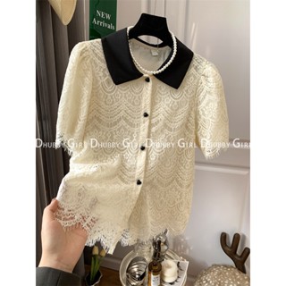 2023 new French short-sleeved top black doll collar lace shirt ladies niche design chic foreign style shirt summer