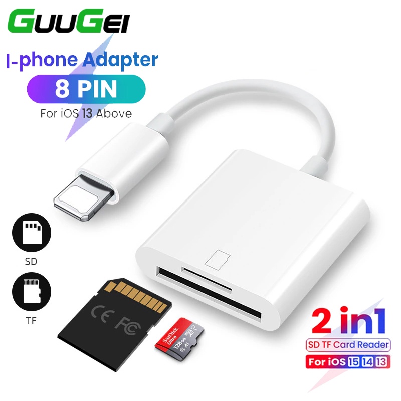 Guugei อะแดปเตอร์การ์ดรีดเดอร์ SD TF 3 In 1 สําหรับเครื่องอ่านการ์ด I-Phone 14 13 12 8Pin เป็น SD TF