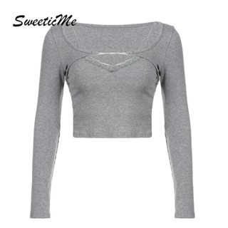 Sweeticme ใหม่ เสื้อยืดลําลอง แขนยาว เปิดไหล่ แต่งสายโซ่ สีพื้น แฟชั่นสําหรับสตรี 2023