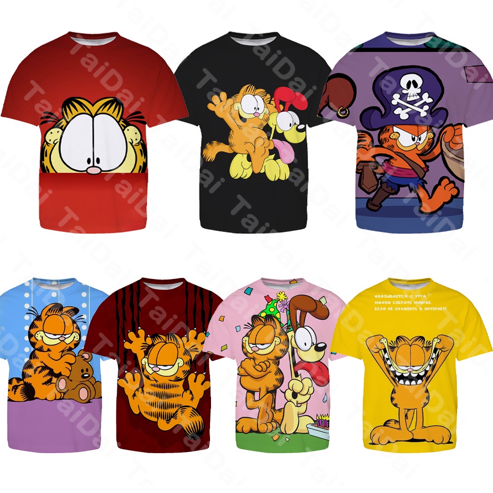 เด็กเด็กการ์ฟิลด์ การ์ตูนพิมพ์เสื้อยืดสําหรับเด็กเด็กผู้ชายลําลองสตรีทแวร์แขนสั้นคอกลมเสื้อยืดด้านบน