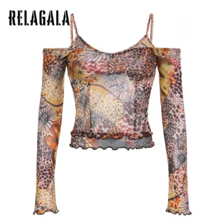 Relagala ใหม่ เสื้อยืดลําลอง แขนยาว ผ้าตาข่าย ลายดอกไม้ เซ็กซี่ แฟชั่นสําหรับสตรี 2023