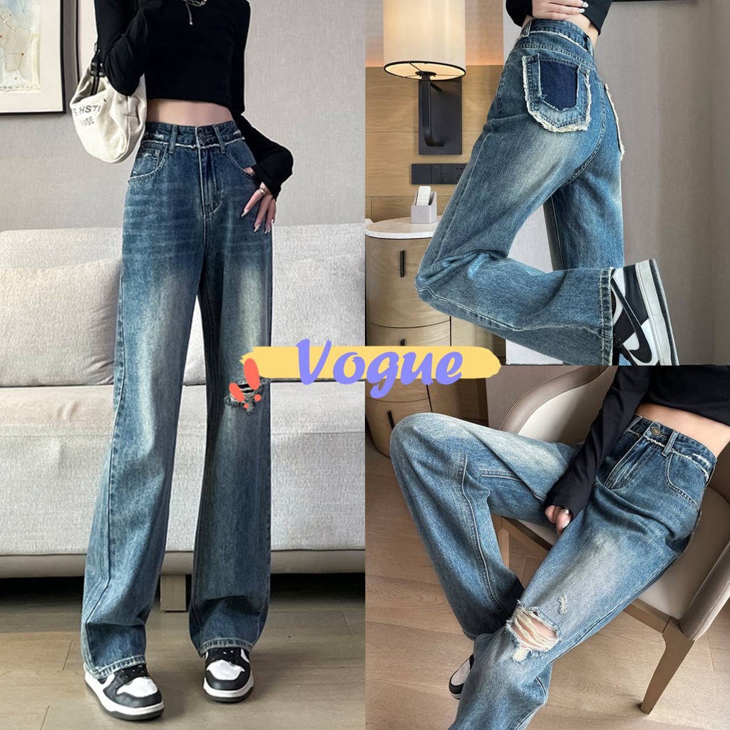 Vogue🌟พร้อมส่ง🌟 กางเกงยีนส์ ขายาวเอวสูง ดีเทลขอบปลายรุ่ยๆ (2316) -NZ-QY -N -N