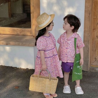 Brothers Sisters Clothing 23 Summer Korean Boys Flower Shirts Girls Dresses Kids เสื้อเชิ้ตกางเกงขาสั้น Sisters Clothing