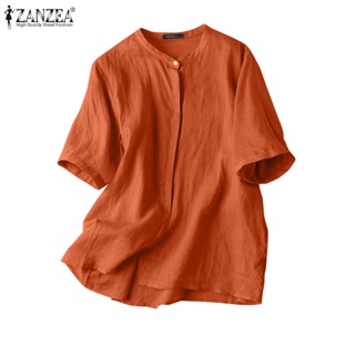 Zanzea เสื้อเชิ้ต คอกลม แขนห้าส่วน สีพื้น สไตล์เกาหลี สําหรับผู้หญิง