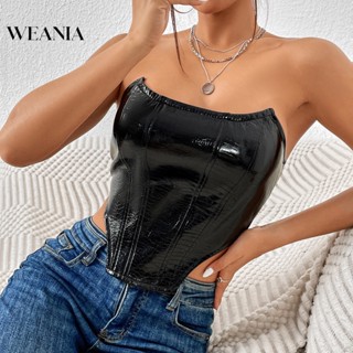 Weania ผู้หญิง เซ็กซี่ ไม่สม่ําเสมอ ปิดไหล่ สายคล้อง PU เสื้อกล้าม บาง