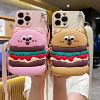 เคสโทรศัพท์มือถือ ลายหมีแฮมเบอร์เกอร์ พร้อมกระเป๋าสตางค์ และสายคล้อง สําหรับ OPPO A76 A96 F21 Pro Reno 7 8 4G Reno 8 ro 5G