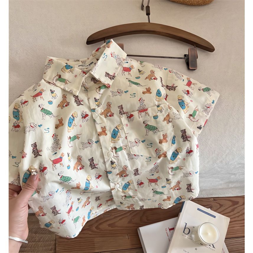 เสื้อเชิ้ตแขนสั้นลําลอง พิมพ์ลายการ์ตูนลูกสุนัข แฟชั่นฤดูร้อน สําหรับเด็กผู้ชาย 2023