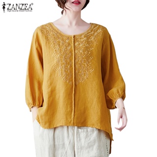 Zanzea เสื้อลําลอง คอกลม แขนสามส่วน สีพื้น สไตล์เกาหลี สําหรับผู้หญิง