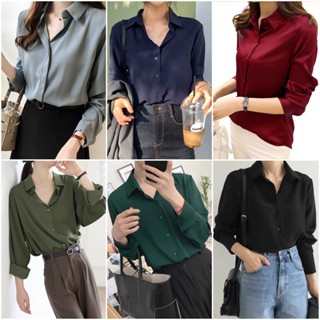 สินค้าพร้อมส่ง(ฟรีไซต์) เสื้อเชิ๊ตทำงาน คอปก มีกระดุมหน้า ผ้าไหมอิตาลี่ มี 11 สี (M5639)