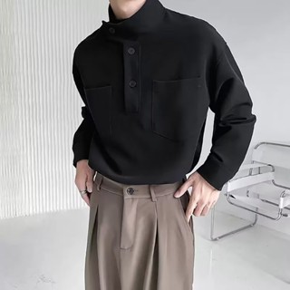 เสื้อเชิ้ตแขนยาว คอสูง แต่งระบาย เข้ากับทุกการแต่งกาย สไตล์เรียบง่าย สําหรับผู้ชาย ไซซ์ M - 3xl