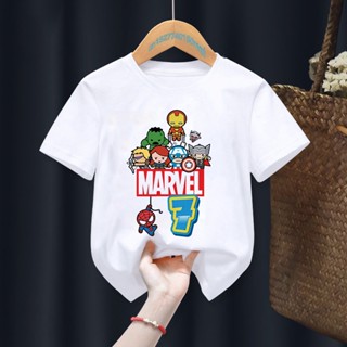เสื้อยืดลําลอง ลายการ์ตูนมาร์เวล ซูเปอร์ฮีโร่ ตัวเลขวันเกิด สําหรับเด็กผู้หญิง และเด็กผู้ชาย