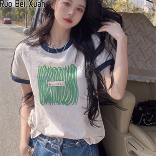 RUO BEI XUAN  เสื้อยืดแขนสั้นพิมพ์ลายบล็อคสีสำหรับผู้หญิง