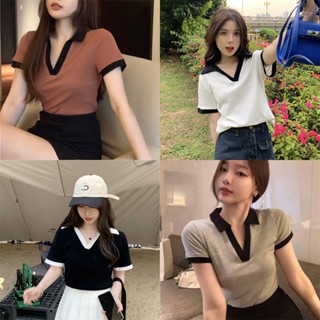 Fulllove เสื้อไหมพรม คอปกแขนสั้น เว้าอกแอบแซ่บ ผ้านิ่มใส่สบาย 4สีY2k