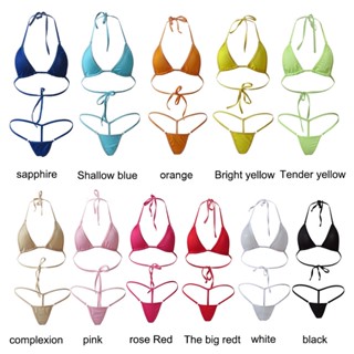 พร้อมส่ง ชุดว่ายน้ําบิกินี่ จีสตริง บรา สายคล้องคอ ขนาดเล็ก สีพื้น เซ็กซี่ สําหรับผู้หญิง 2 ชิ้น
