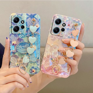 เคสโทรศัพท์มือถือนิ่ม ปิดด้านหลัง ลายภาพวาดสีน้ํามัน รูปดอกไม้น่ารัก ประดับเพชร ระยิบระยับ พร้อมสร้อยข้อมือ สําหรับ Xiaomi Redmi Note 12 12S 11 11S Pro Pro+ Plus 12C 4G 5G