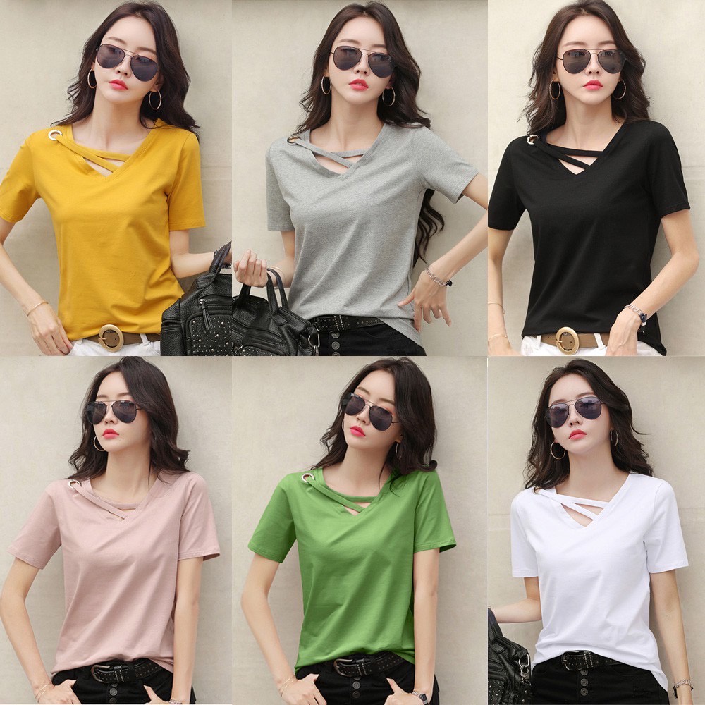 🐇Jenny🐇 เสื้อยืดคอวี ผ้านุ่ม มีไขว้ที่คอแต่งเก๋ๆ สไตล์เกาหลี #E01