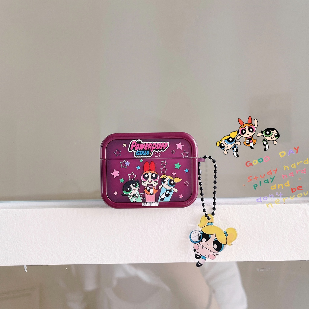 เคสหูฟังบลูทูธไร้สาย TPU นิ่ม แบบใส เนื้อแมตต์ ลายการ์ตูน Powerpuff Girls สีม่วง สําหรับ AirPods 1 2 3 Pro 2 2022