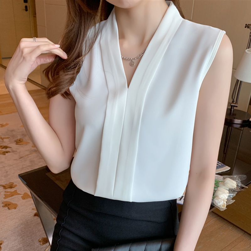 เสื้อเบลาส์แขนกุด คอวี ผ้าชีฟอง ทรงหลวม ขนาดใหญ่ แฟชั่นฤดูร้อน สําหรับผู้หญิง มี 7 สี