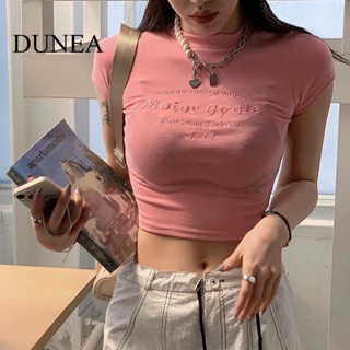 Dunea เสื้อยืดแขนสั้น ปักลายโมโนแกรม เรียบง่าย สําหรับผู้หญิง