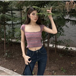 ♥ใหม่ พร้อมส่ง! เสื้อยืดแขนสั้น คอสี่เหลี่ยม ผ้าถัก สไตล์วินเทจ แฟชั่นฤดูร้อน สําหรับผู้หญิง
