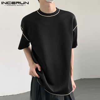 Incerun เสื้อยืดแขนสั้น แต่งพู่ สีตัดกัน สําหรับผู้ชาย